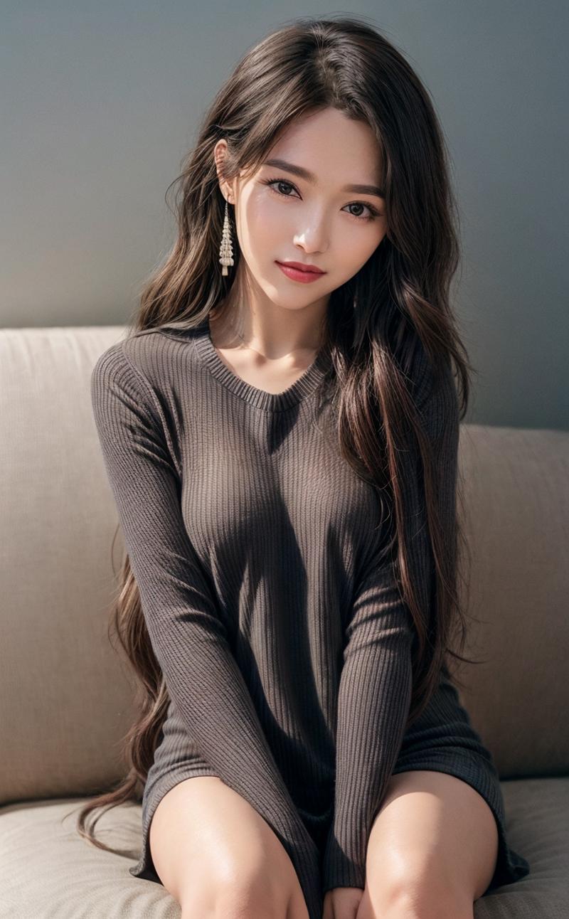 01571-153791795-1girl, solo, long hair, earrings, jewelry, sitting, sweater, looking at viewer, head tilt, couch, hand between legs, very long h.png